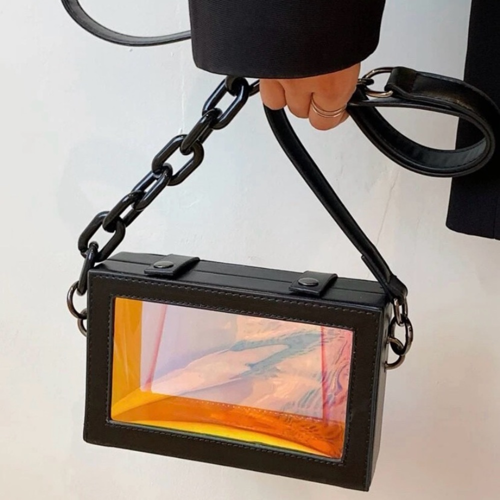Black Box Shoulder Bag with Clear Iridescent Orange Window